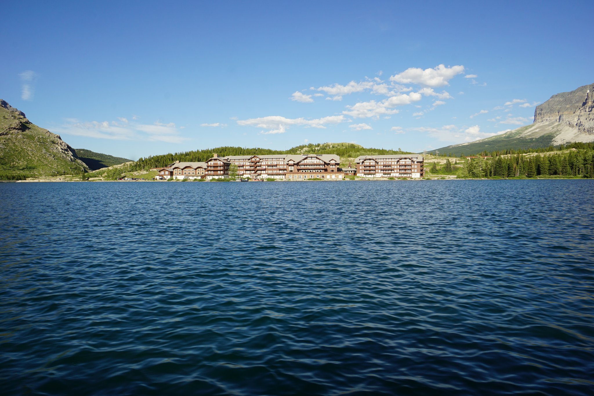 Many Glacier Hotel from Swiftcurrent Lake