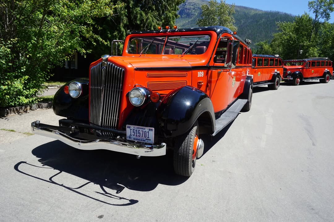 Red Buses Parked at Lake McDonald Lodge