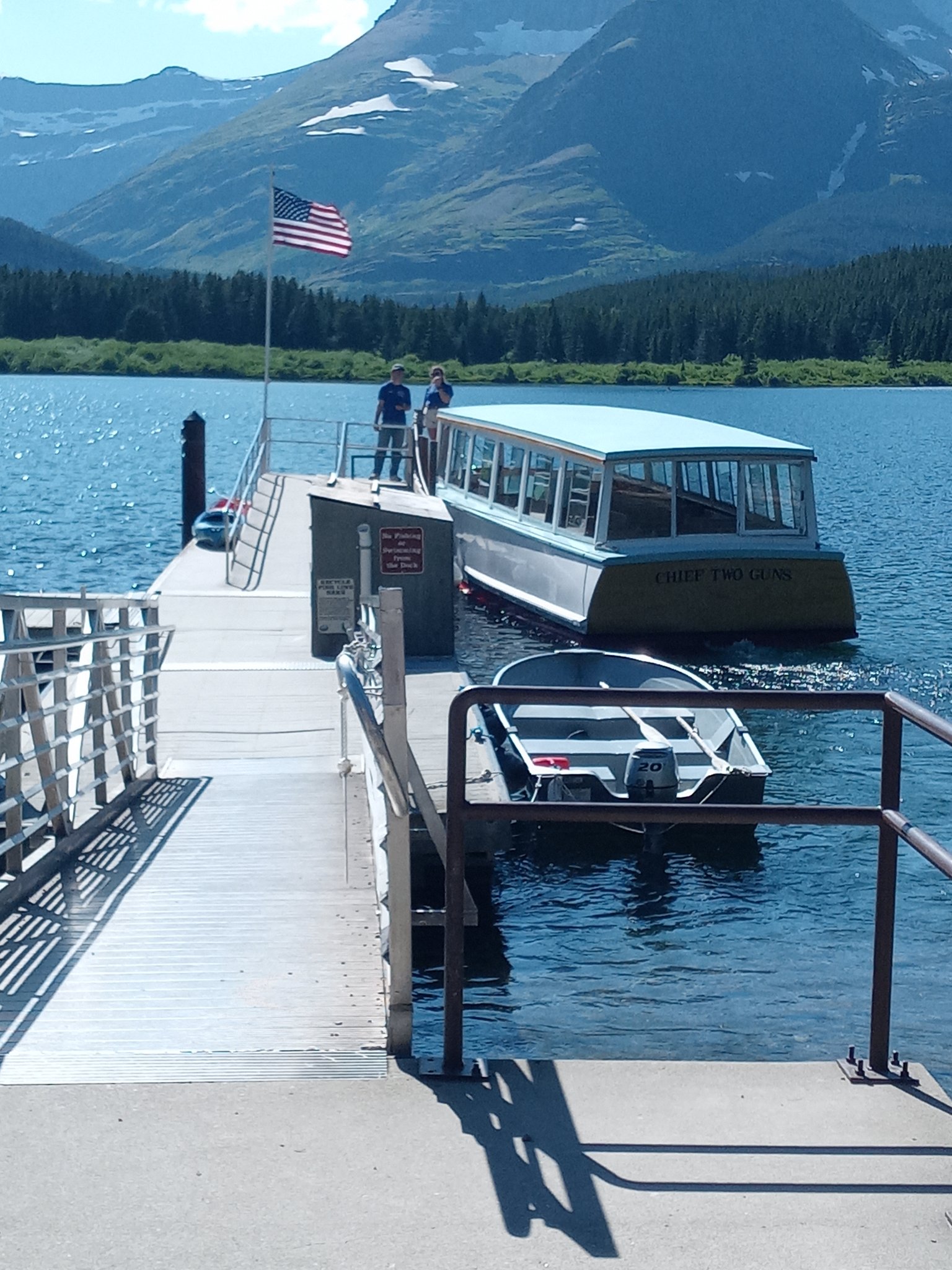 Waiting to board Chief Two Guns boat on Swiftcurrent