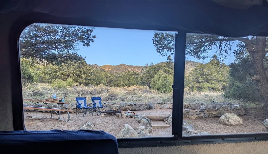 Campsite from inside Camper at Piñon Flats Campground