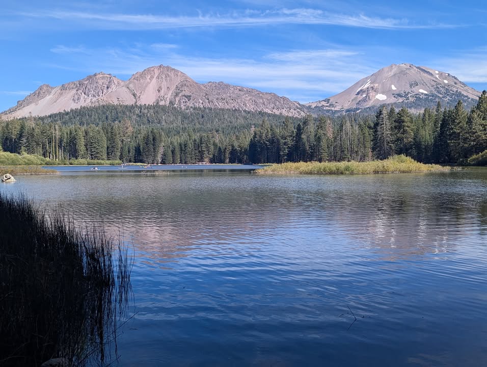 Manzanita Lake with Chaos Crags on Left and Lassen Peak on Right